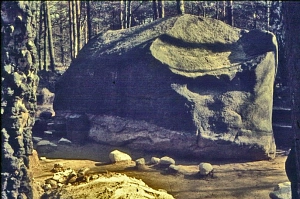 Der Giebichenstein im Staatsforst „Krähe“ bei Stöckse ist der größte Findling in Niedersachsen. An seinem Fuße wurde um 1977 der Werkplatz einer späteisenzeitlichen Rentierjägergruppe mit über 350 Fundstücken aus Feuerstein ausgegraben. Das Foto zeigt ein